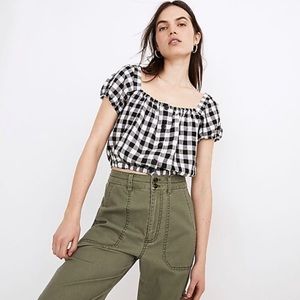 Madewell Linen Blend Puff Sleeve Gingham Cropped Top Size L BNWT